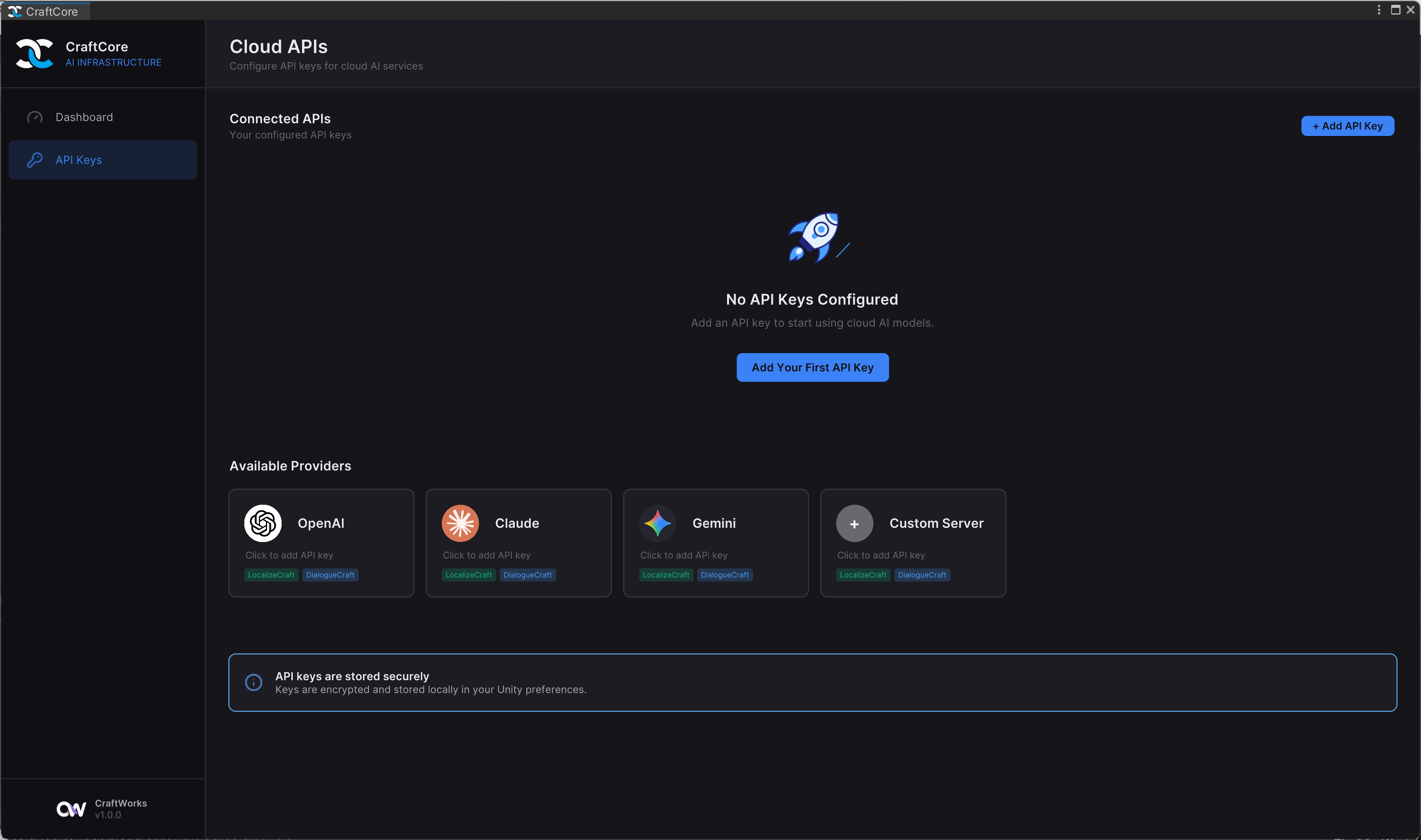 CraftCore Hub with API key fields